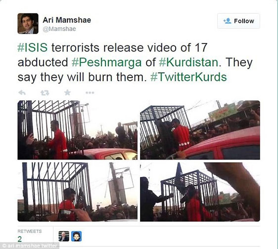 تهدید داعش برای زنده سوزاندن چند پیشمرگه