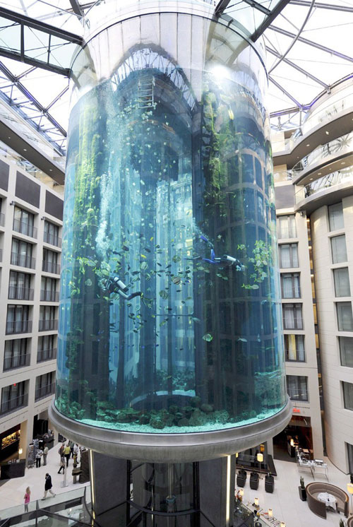 آکواریومی با 25 متر ارتفاع و یک آسانسور شیشه‌ای