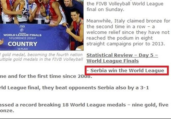 اشتباه سایت FIVB در اعلام نام قهرمان لیگ جهانی + عکس