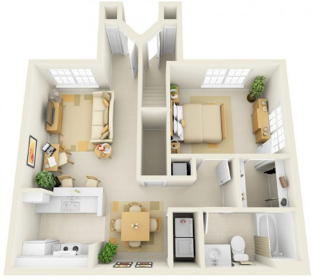 نقشه آپارتمان یک خوابه,نقشه های سه بعدی آپارتمان