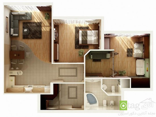 پلان سه بعدی خانه دو خوابه با چیدمان و دکوراسیون کاربردی