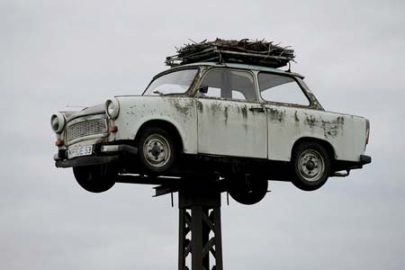  لک لک ها روی یک خودروی اسقاطی متعلق به آلمان شرقی سابق لانه ساخته اند